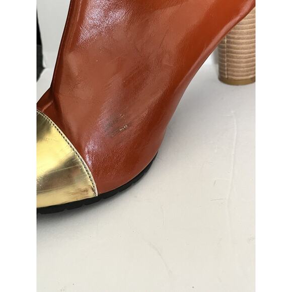 Cri de Coeur •11• Ankle Boots Heels Round Orange Gold Cap Toe Zip Wood Stacked - Picture 3 of 11